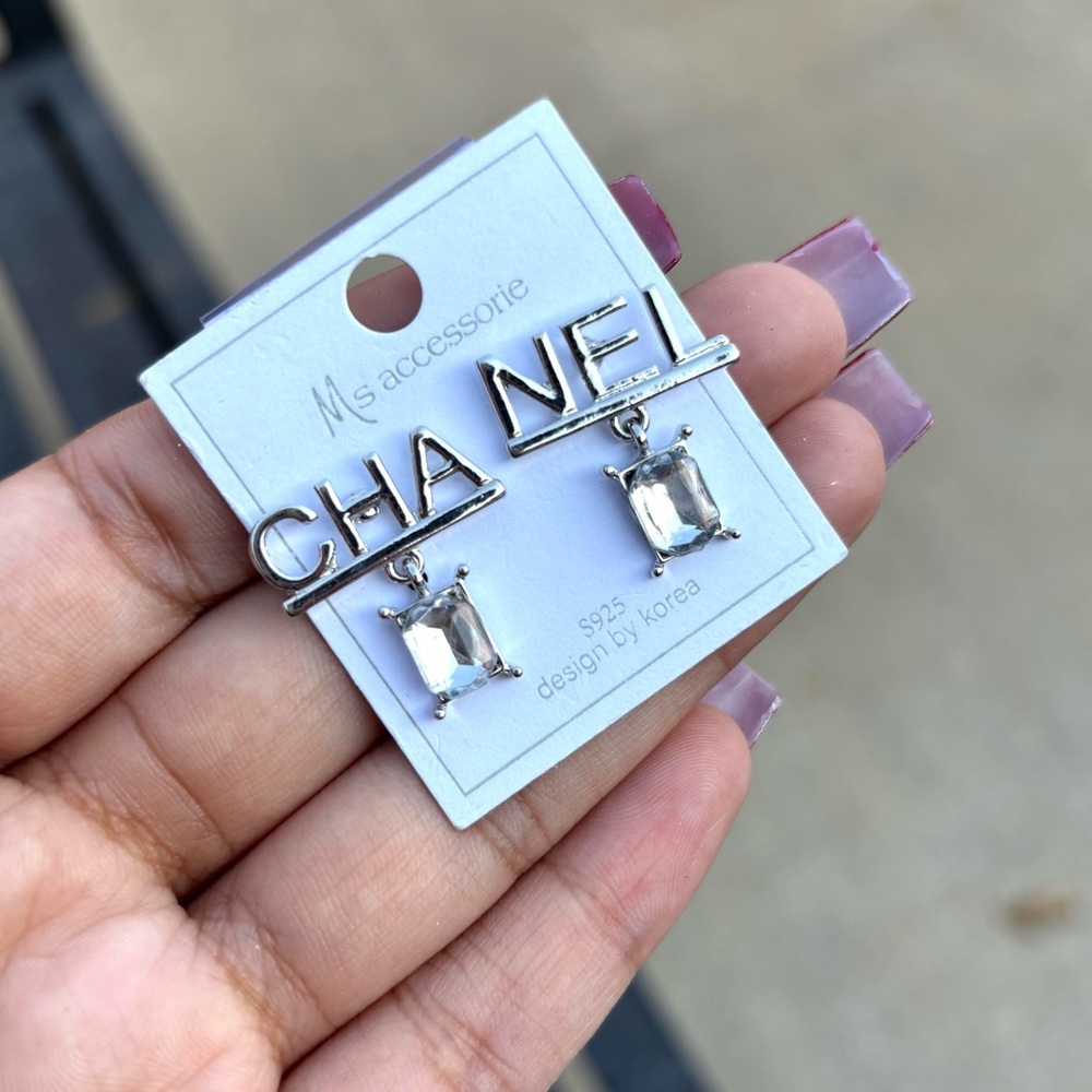 Silver Rectangular Crystal Earrings